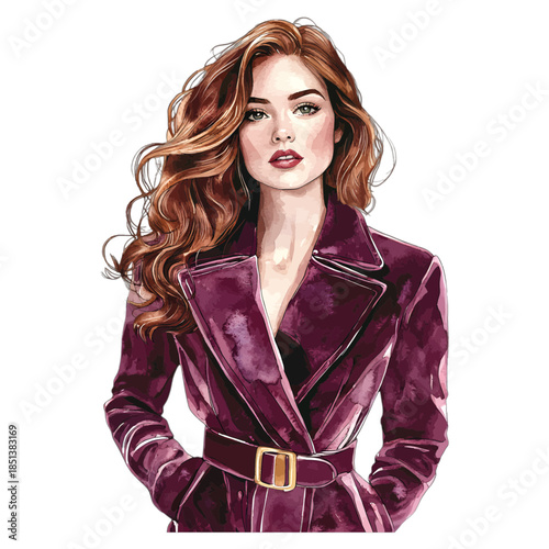 Glamorous Woman in Purple Velvet Belted Coat Vector Fashion
