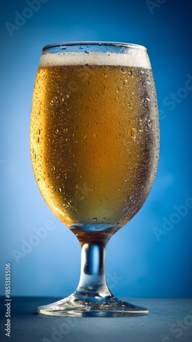 pub. A glass of golden beer with droplets, showcasing refreshing appeal in a clean studio setting. bar promotions, beverage menus, designed for food & beverage menus and cafe branding.
