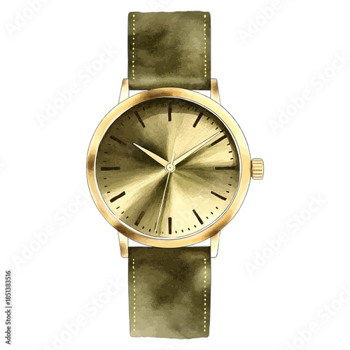 Elegant Gold Wristwatch with Olive Green Suede Leather Strap Vector Illustration
