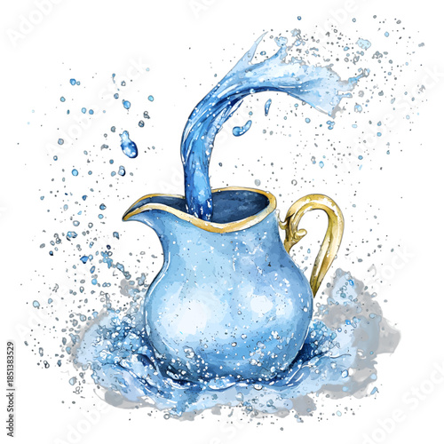Vibrant Blue Pitcher Pouring Water with Dynamic Splash Illustration Vector
