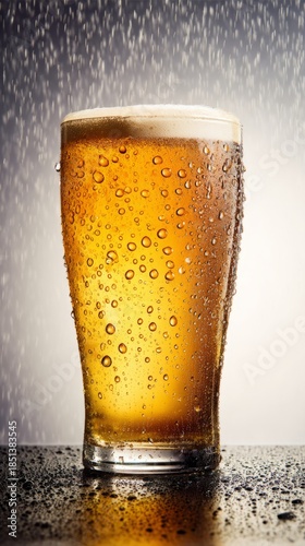 pub. A glass of golden beer with droplets, showcasing refreshing appeal in a clean studio setting. bar promotions, beverage menus, designed for food & beverage menus and cafe branding.
