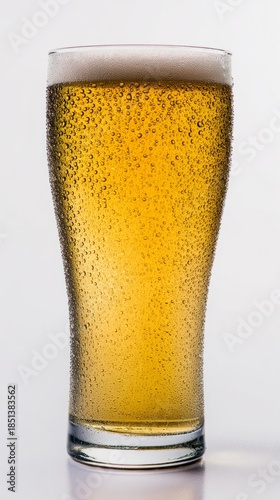 pub. A glass of golden beer with droplets, showcasing refreshing appeal in a clean studio setting. bar promotions, beverage menus, designed for food & beverage menus and cafe branding.
