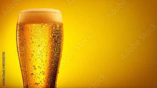 pub. A glass of golden beer with droplets, showcasing refreshing appeal in a clean studio setting. bar promotions, beverage menus, designed for food & beverage menus and cafe branding.
