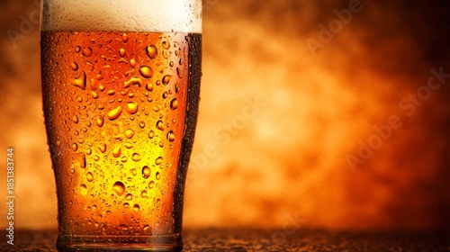 pub. A glass of golden beer with droplets, showcasing refreshing appeal in a clean studio setting. bar promotions, beverage menus, designed for food & beverage menus and cafe branding.
