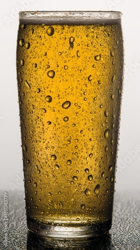 pub. A glass of golden beer with droplets, showcasing refreshing appeal in a clean studio setting. bar promotions, beverage menus, designed for food & beverage menus and cafe branding.

