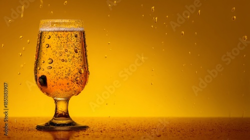 pub. A glass of golden beer with droplets, showcasing refreshing appeal in a clean studio setting. bar promotions, beverage menus, designed for food & beverage menus and cafe branding.
