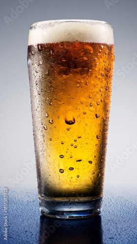 pub. A glass of golden beer with droplets, showcasing refreshing appeal in a clean studio setting. bar promotions, beverage menus, designed for food & beverage menus and cafe branding.

