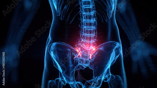 Human anatomy rendering illustrates lower back and sacroiliac joint inflammation against a dark background