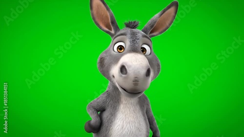 A cheerful gray 3d cartoon donkey character, rendered with expressive eyes, stands smiling in a close-up shot isolated on a bright green screen background.