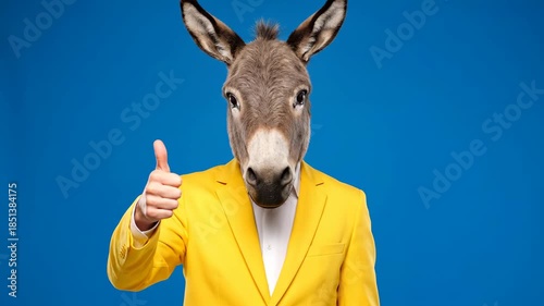 A conceptual studio portrait of a man wearing a donkey head and a bright yellow jacket giving a confident thumbs up against a solid blue background.