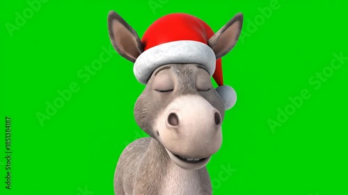 A peaceful 3d rendered donkey wearing a festive santa hat is captured in a close-up shot with closed eyes, isolated against a bright green chroma key background.