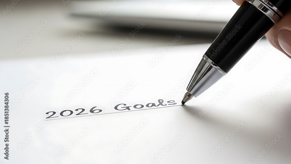 Fototapeta premium Writing down ambitious aspirations for the upcoming year 2026 on a clean white paper with a professional pen