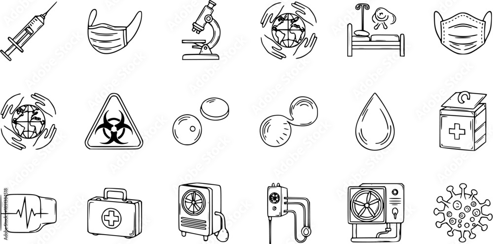 Fototapeta premium Hand-drawn Medical and Healthcare Doodle Icons Set: Syringe, Mask, Microscope, Biohazard, Blood, Virus, and Emergency Symbols