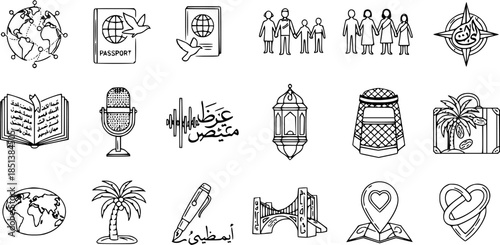 Collection of line art icons featuring global travel, family, Arabic culture, communication, and love. Vector symbols for web, print, and digital projects.