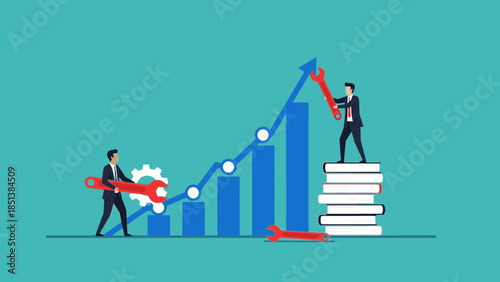 Business growth concept with men using wrenches on graph