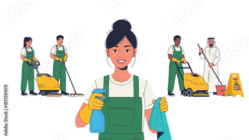 Diverse cleaning team with happy woman in front holding supplies