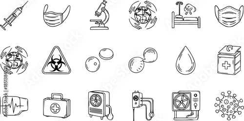 Hand-drawn Medical and Healthcare Doodle Icons Set: Syringe, Mask, Microscope, Biohazard, Blood, Virus, and Emergency Symbols