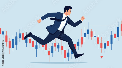Businessman running on stock market graph with dynamic candlestick chart