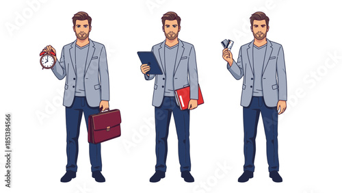 Businessman in various professional poses with office items