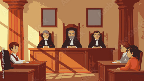 Cartoon courtroom scene with judges and defendants