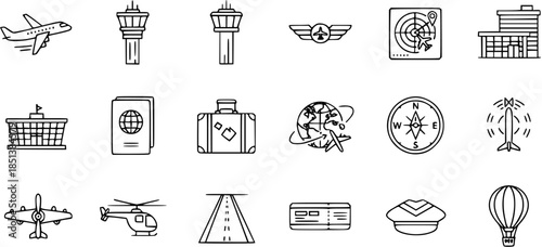 Aviation and Travel Icons Set: Airplanes, Airports, Luggage, and Navigation Tools