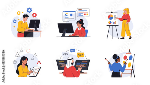 Diverse professionals engaged in modern workspaces and creative projects