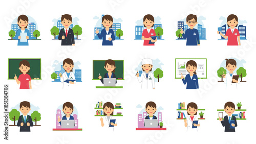 Professionals in various settings with laptops and books smiling