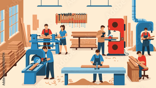 Busy woodworking team crafting furniture in a modern workshop