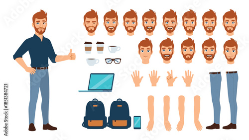 Customizable cartoon man with various expressions and accessories