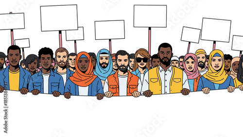Diverse group of people protesting with blank signs
