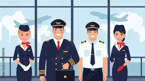 Airline crew standing together in airport terminal with planes outside