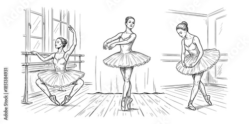 Ballet rehearsal vintage engraving illustration, dancers practicing in studio