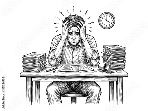 Work stress vintage engraving illustration, overwhelmed office worker