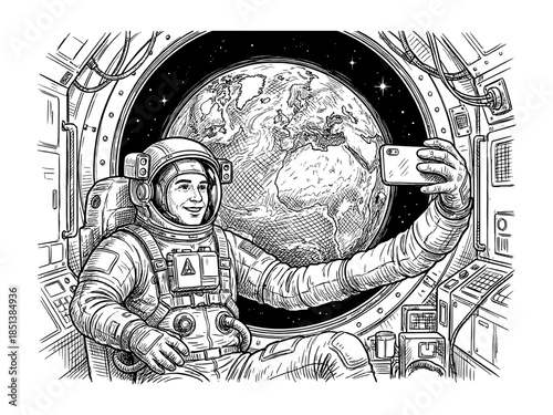 Astronaut selfie vintage engraving illustration, space traveler taking photo