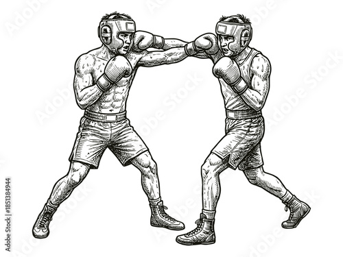 Boxing match vintage engraving illustration, fighters sparring