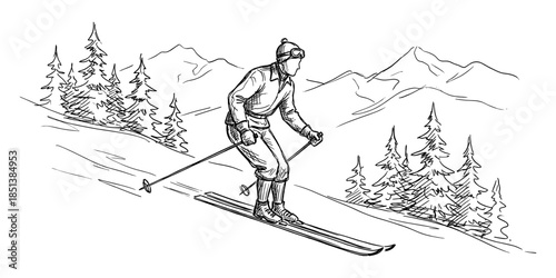 Skiing vintage engraving illustration, downhill skier alpine scene