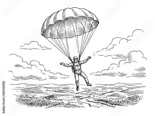 Parachuting vintage engraving illustration, skydiver descent scene