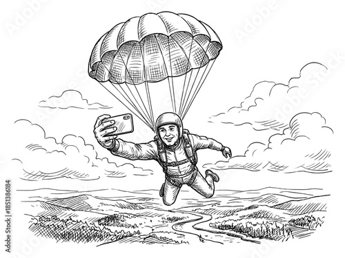 Skydiving vintage engraving illustration, skydiver taking selfie