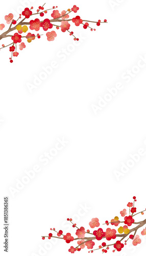 水彩タッチの梅の花と枝の和風フレーム・背景素材