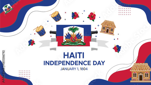 Flat design illustration of Haiti Independence Day celebration with national flag and icons on white background with red and blue accents.