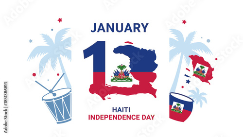 Graphic illustration of Haiti Independence Day on January 1st with patriotic symbols and colors