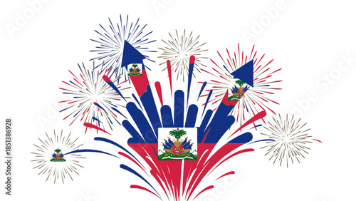 Graphic illustration of the Haitian flag surrounded by vibrant fireworks on a white background, symbolizing celebration and national pride.