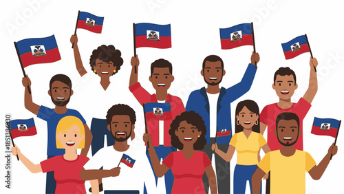 Diverse group of people holding Haitian flags in a colorful, vibrant illustration with a patriotic mood against a clean white background.
