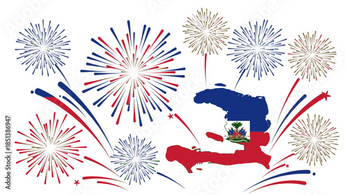 Graphic illustration of colorful fireworks exploding around the outline of Haiti with a red, white and blue color scheme.