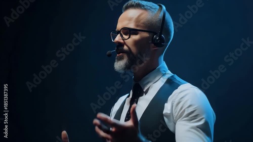 Professional Man With Short Beard And Glasses Wearing A Vest And Tie Speaking