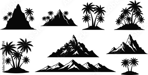 Set of Various Black Mountain and Tropical Palm Tree Silhouettes, Featuring Islands, Peaks, and Ranges, Landscape Vector Illustration Graphics, Isolated on White.