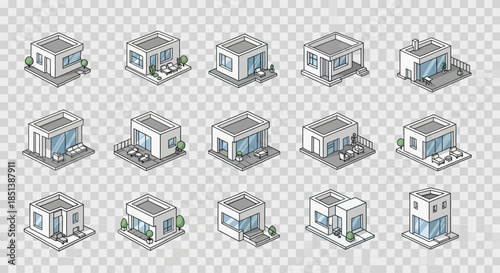 Set of Modern House Icons in Various Views.