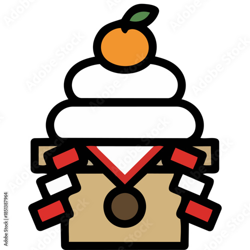 鏡餅をすっきりと表現。なめらかな白い餅と橙が静かに重なり年神への祈りや感謝、希望に満ちた新年の始まり