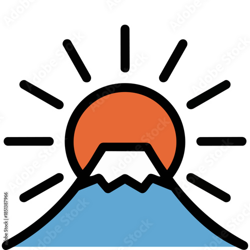 黒い空に昇るオレンジの初日の出と富士山のシルエット。新年の始まりや再生、希望ある未来への祈り