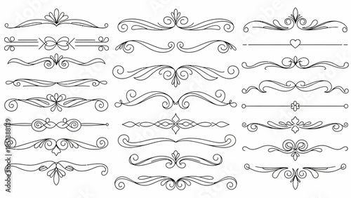 A sophisticated collection of elegant vintage ornamental dividers and calligraphic flourishes, perfect for enhancing wedding invitations, certificates, and decorative design projects.